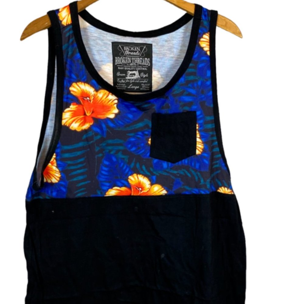 MEN'S GRAPHIC FLORAL NTANK TOP LG BLACK/BLUE